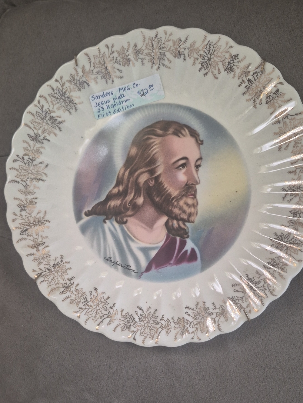 Decorative Religious Portrait Plate in Cream and Gold by